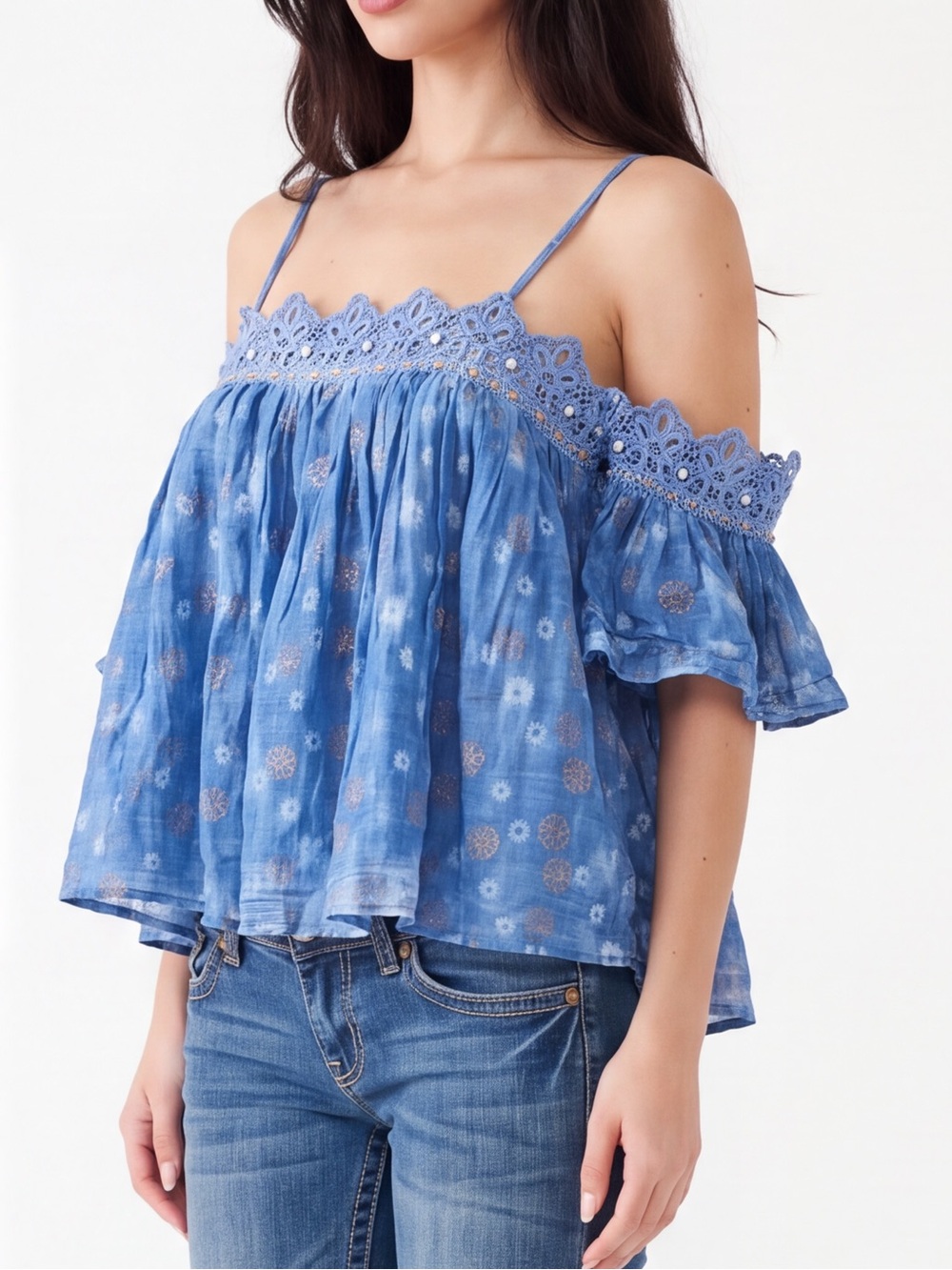 Vintage Y2K BAROK PARIS Boho Blue Floral Babydoll Top Detachable sleeves baroque